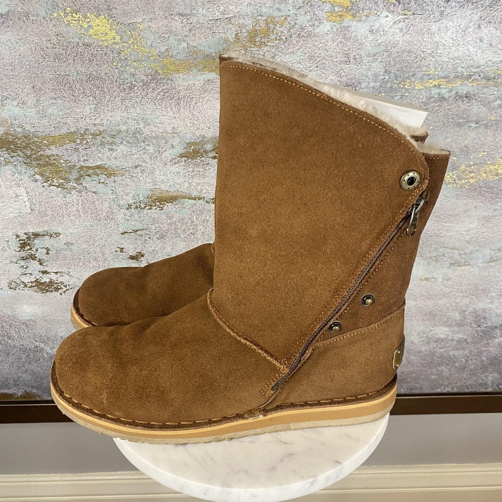 RJ's Fuzzies Trixie Boots Womens Size 10 Brown Suede Shearling Zip Mid Calf